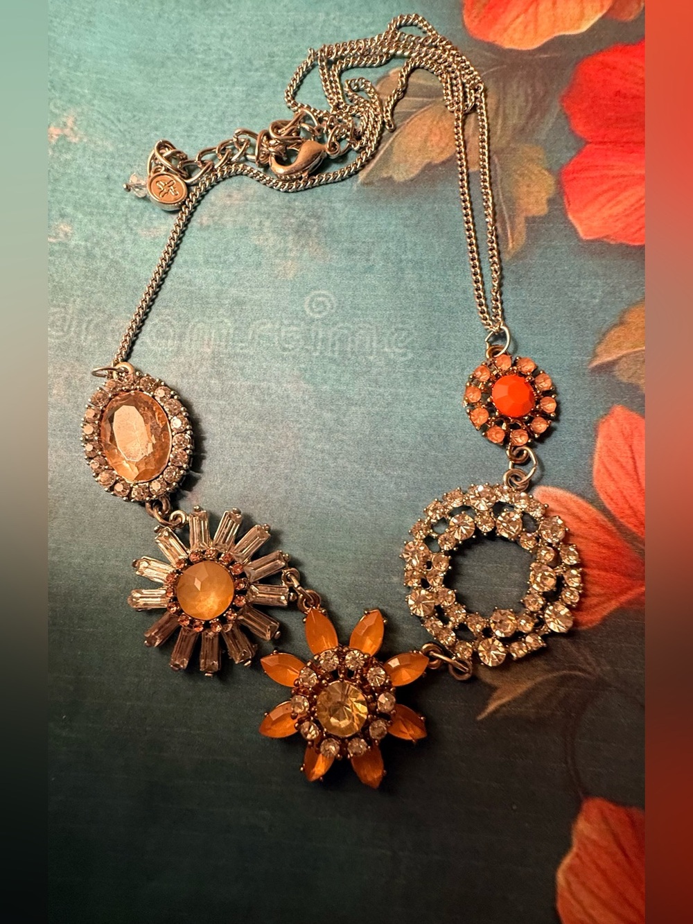 Crystal Floral Statement Necklace - Orange and Clear Stones